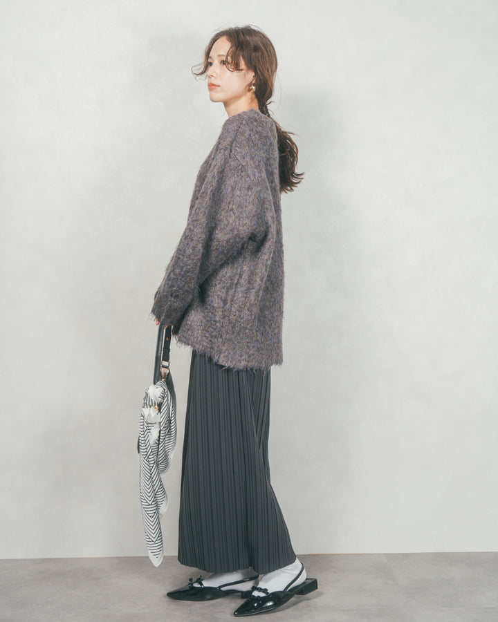 ［SET］Airyフェザー ニットカーディガン+プリーツNarrowロングスカート（2SET）