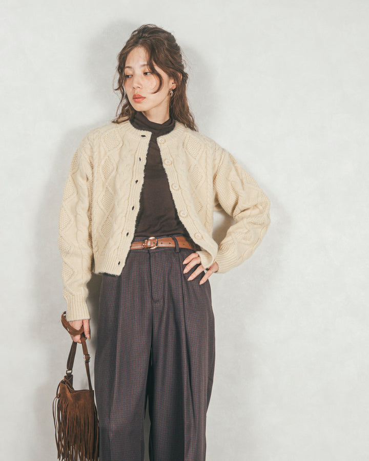 ［SET］ケーブルKnitクルーカーディガン+メランジチェックStraightパンツ（2SET）