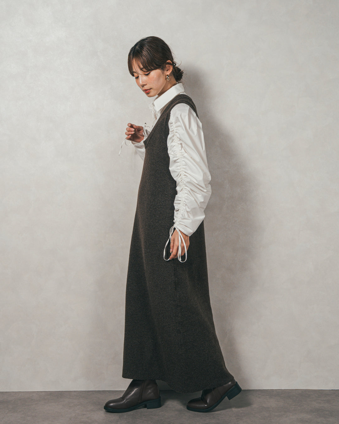 ［SET］ブロード袖ドロストデザインブラウス+メランジKnitロングワンピース（2SET）