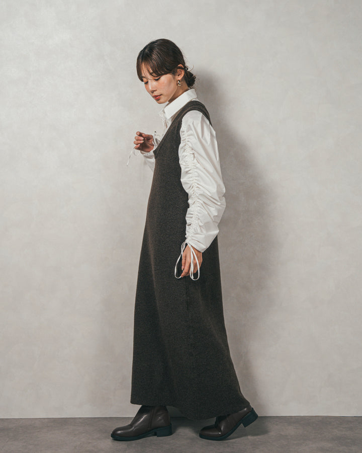 ［SET］ブロード袖ドロストデザインブラウス+メランジKnitロングワンピース（2SET）