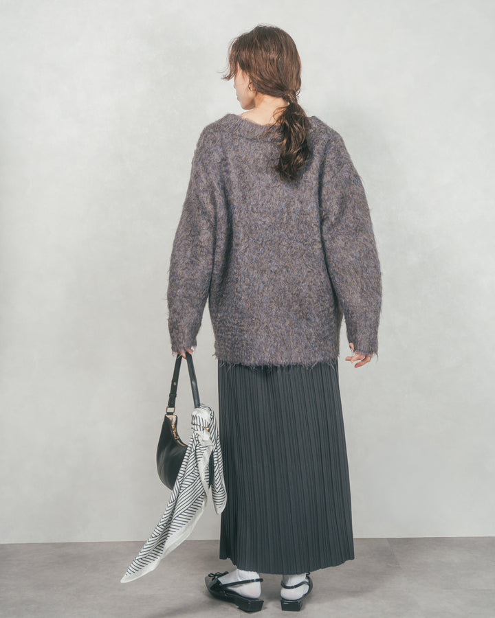 ［SET］Airyフェザー ニットカーディガン+プリーツNarrowロングスカート（2SET）