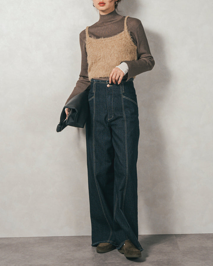 ［SET］袖レイヤードラメリブタートルニット+モヘアタッチKnitビスチェ+センターシーム リラックスカラーデニム（3SET）