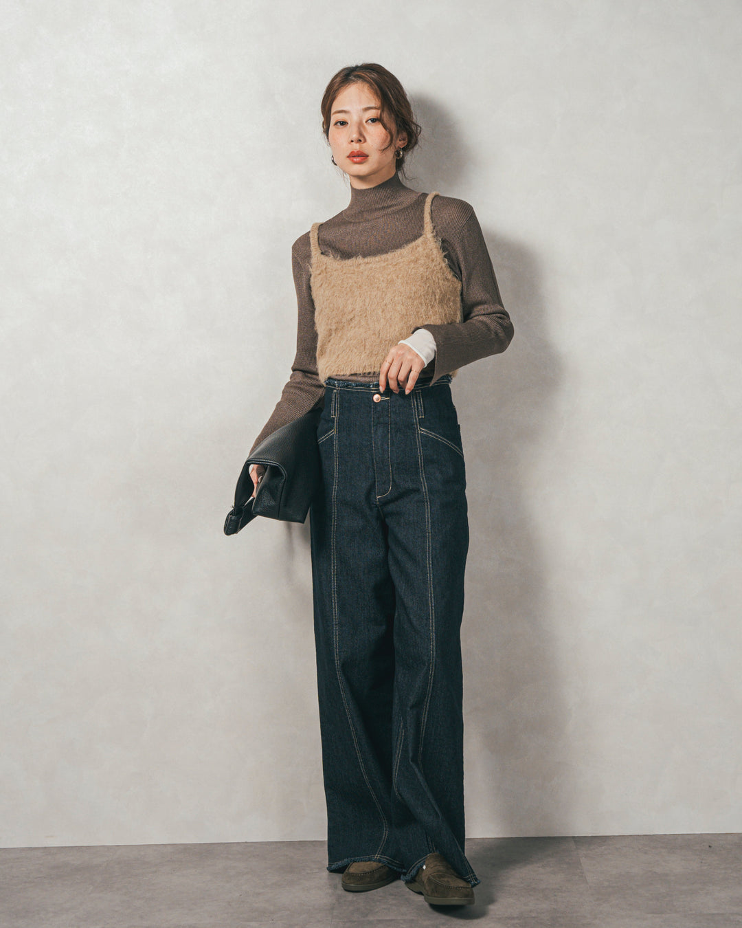 ［SET］袖レイヤードラメリブタートルニット+モヘアタッチKnitビスチェ+センターシーム リラックスカラーデニム（3SET）