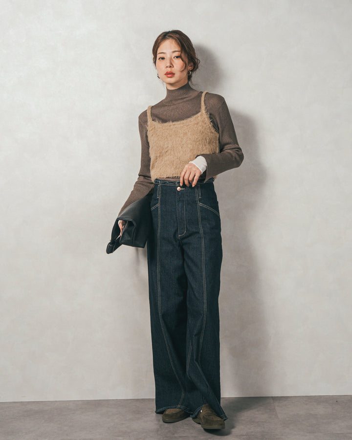［SET］袖レイヤードラメリブタートルニット+モヘアタッチKnitビスチェ+センターシーム リラックスカラーデニム（3SET）
