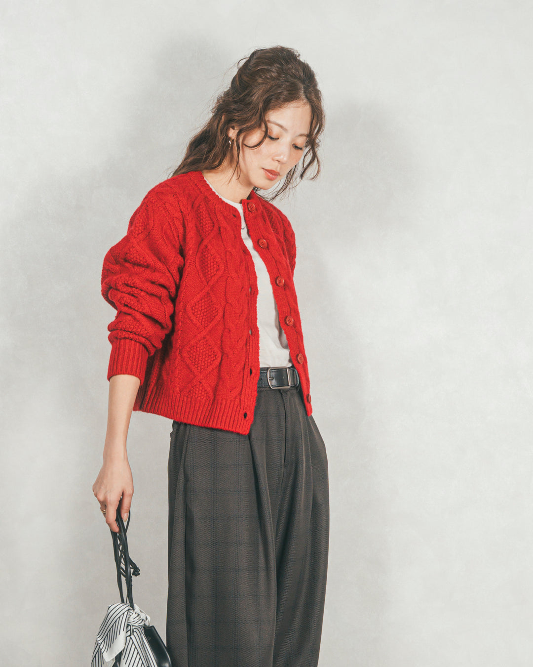 ［SET］ケーブルKnitクルーカーディガン+メランジチェックStraightパンツ（2SET）