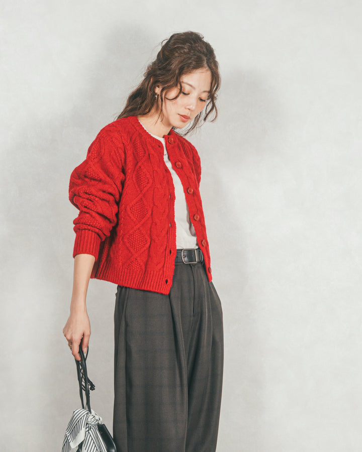 ［SET］ケーブルKnitクルーカーディガン+メランジチェックStraightパンツ（2SET）