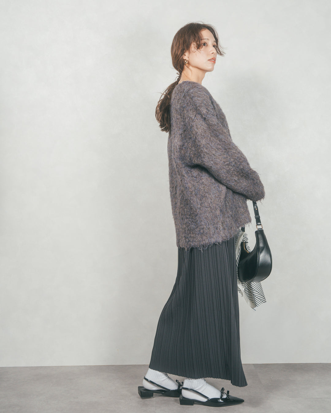 ［SET］Airyフェザー ニットカーディガン+プリーツNarrowロングスカート（2SET）