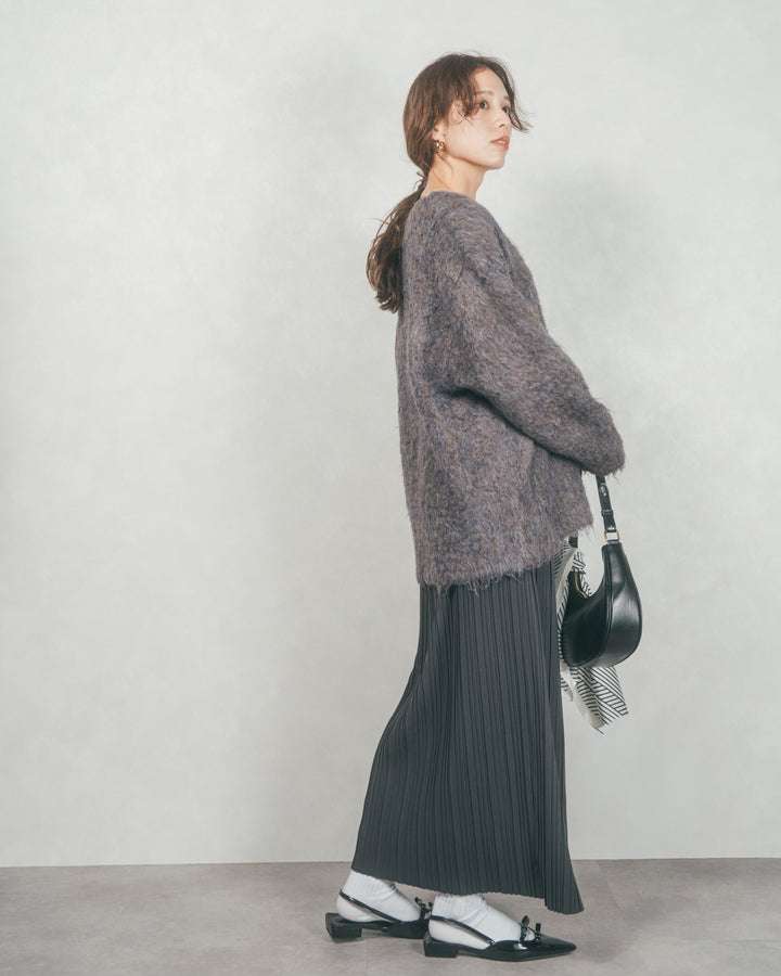 ［SET］Airyフェザー ニットカーディガン+プリーツNarrowロングスカート（2SET）