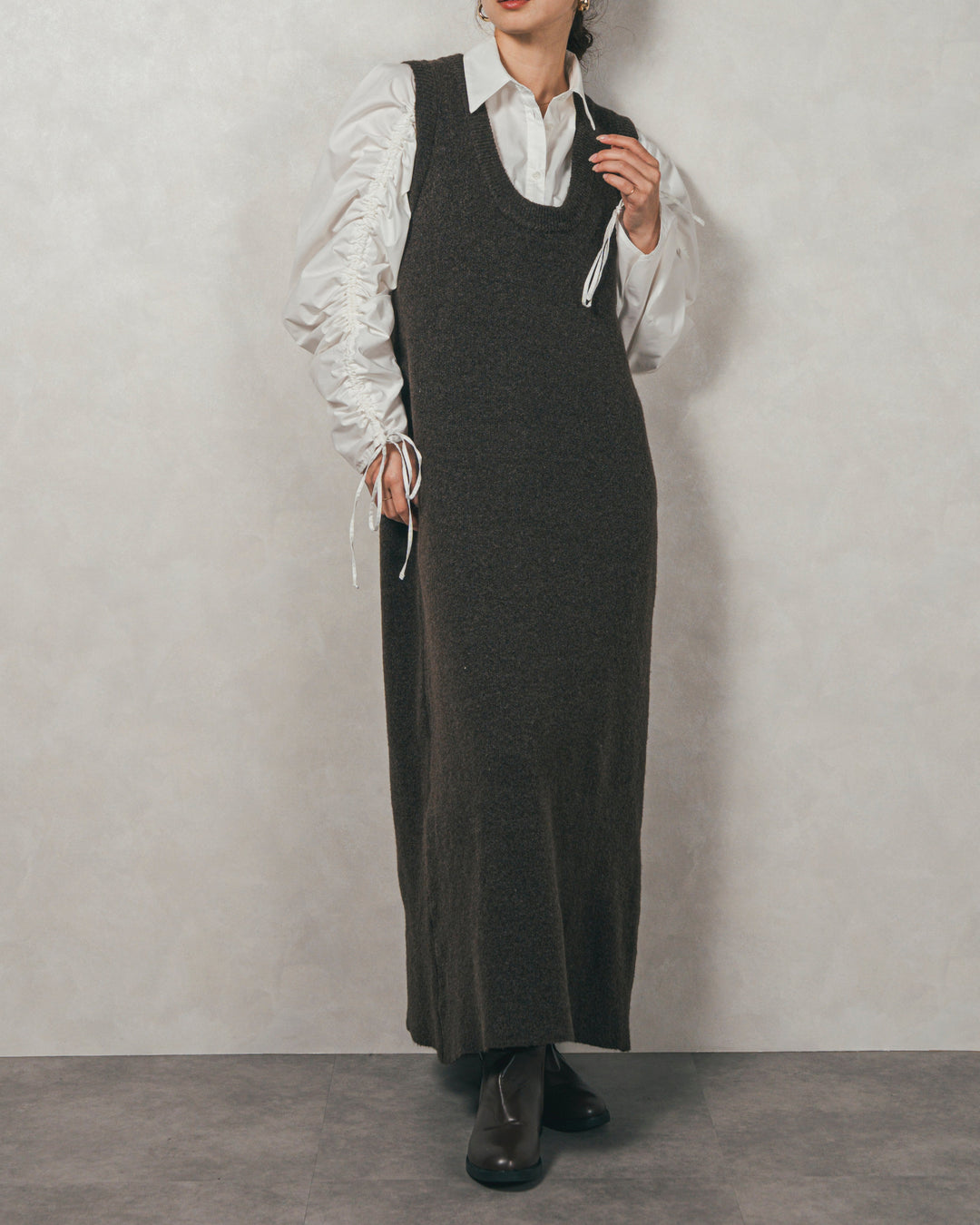 ［SET］ブロード袖ドロストデザインブラウス+メランジKnitロングワンピース（2SET）