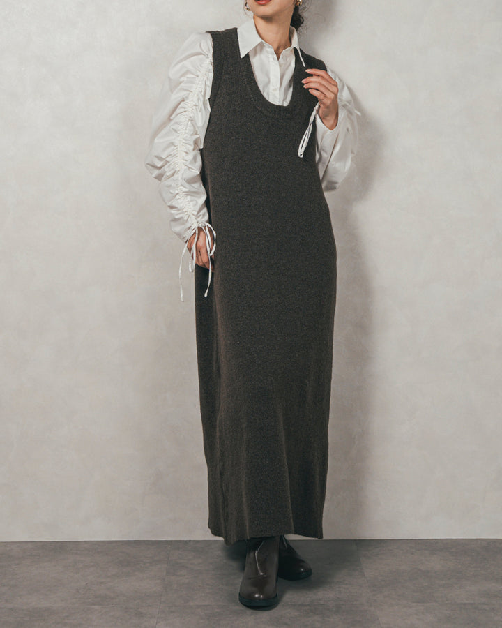 ［SET］ブロード袖ドロストデザインブラウス+メランジKnitロングワンピース（2SET）