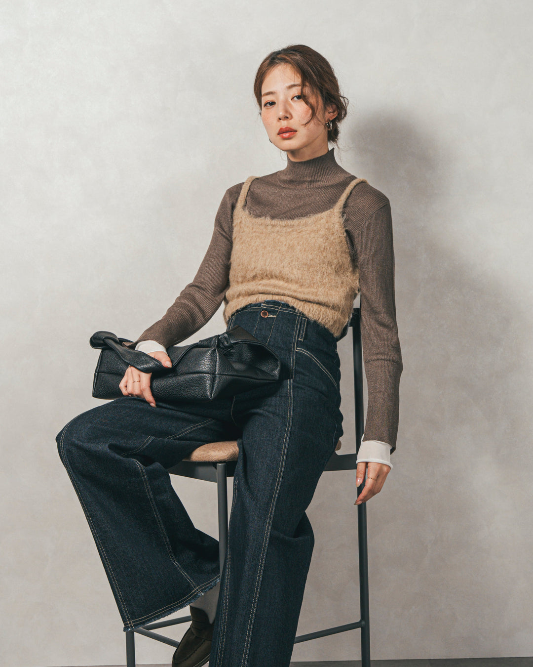 ［SET］袖レイヤードラメリブタートルニット+モヘアタッチKnitビスチェ+センターシーム リラックスカラーデニム（3SET）