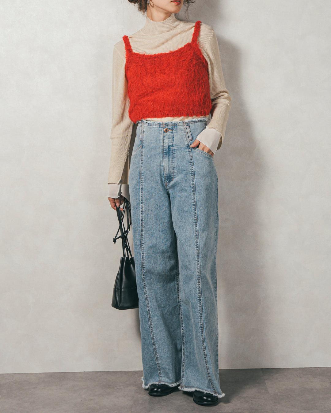 ［SET］袖レイヤードラメリブタートルニット+モヘアタッチKnitビスチェ+センターシーム リラックスカラーデニム（3SET）