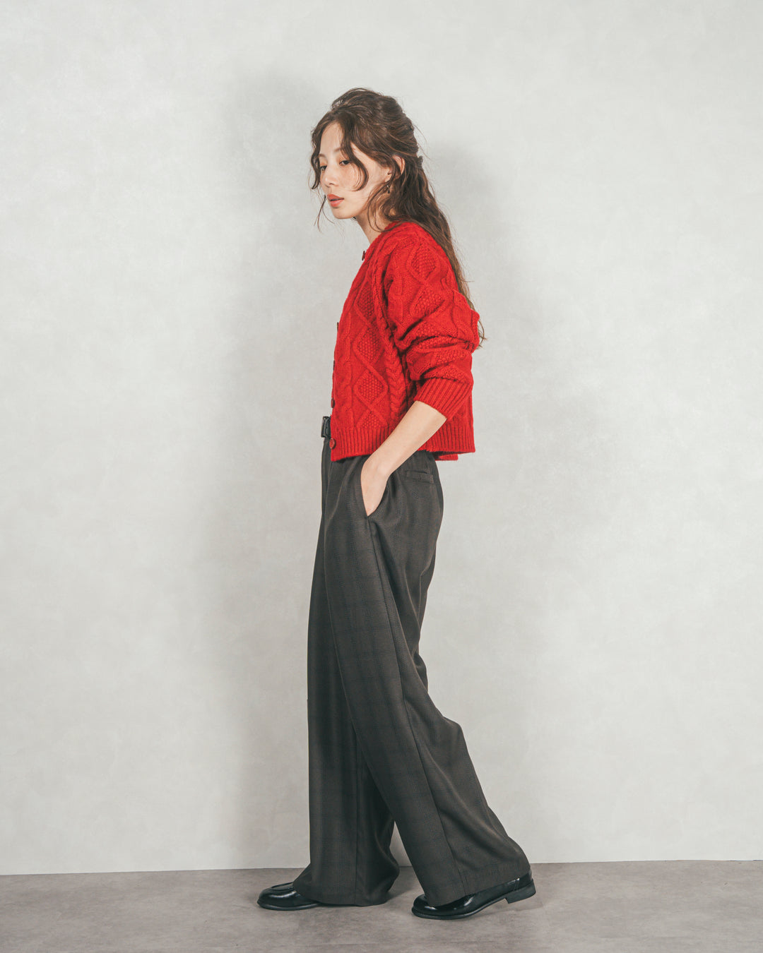 ［SET］ケーブルKnitクルーカーディガン+メランジチェックStraightパンツ（2SET）