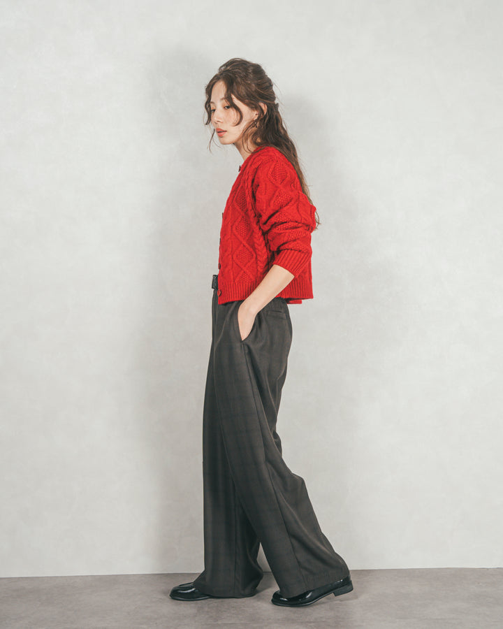 ［SET］ケーブルKnitクルーカーディガン+メランジチェックStraightパンツ（2SET）