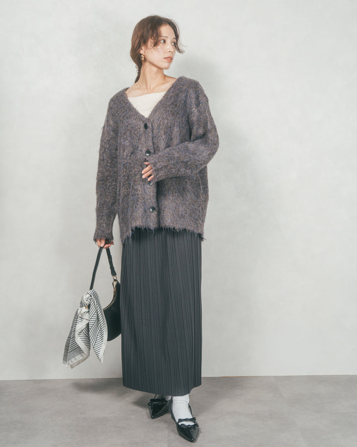 ［SET］Airyフェザー ニットカーディガン+プリーツNarrowロングスカート（2SET）