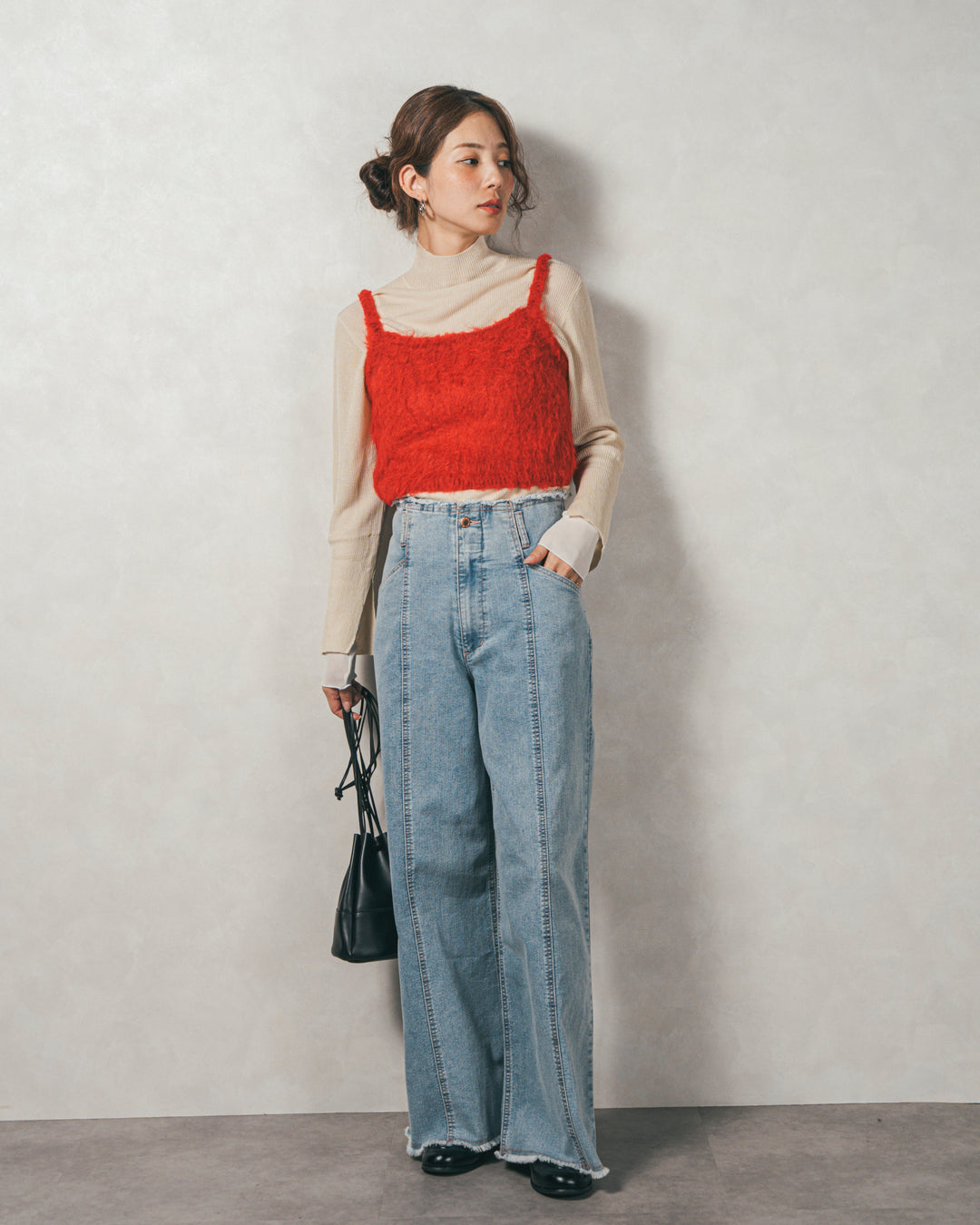 ［SET］袖レイヤードラメリブタートルニット+モヘアタッチKnitビスチェ+センターシーム リラックスカラーデニム（3SET）