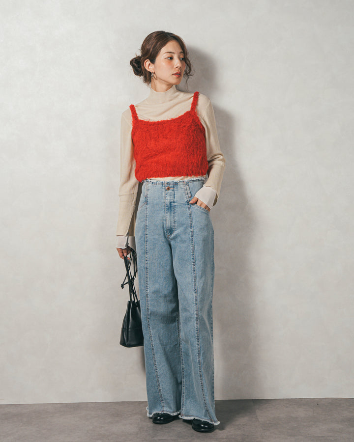 ［SET］袖レイヤードラメリブタートルニット+モヘアタッチKnitビスチェ+センターシーム リラックスカラーデニム（3SET）