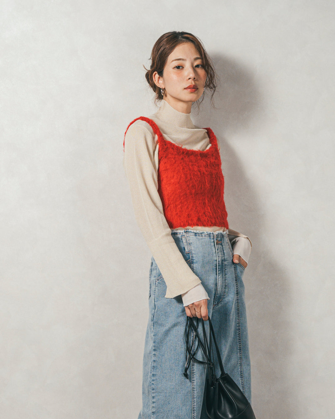 袖レイヤードラメリブタートルニット(IVORY)