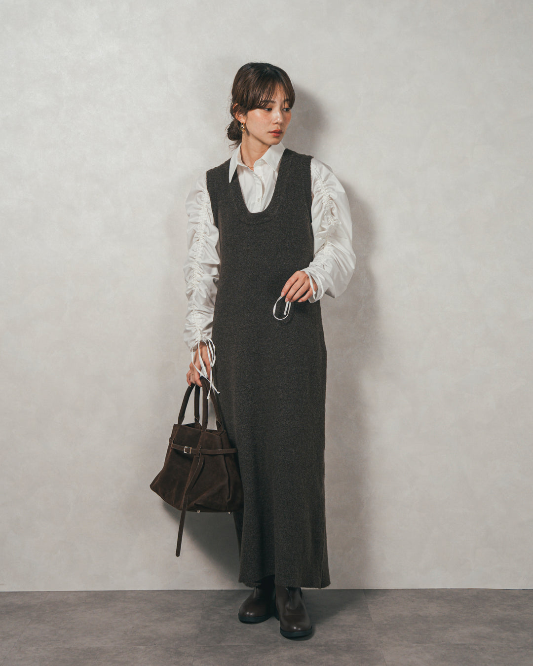 ［SET］ブロード袖ドロストデザインブラウス+メランジKnitロングワンピース（2SET）