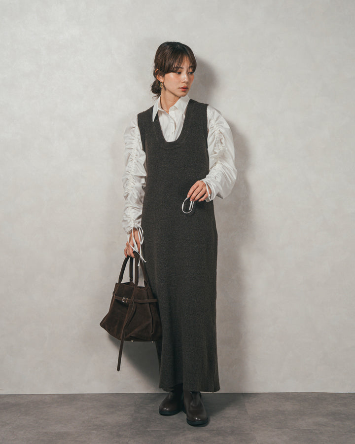 ［SET］ブロード袖ドロストデザインブラウス+メランジKnitロングワンピース（2SET）