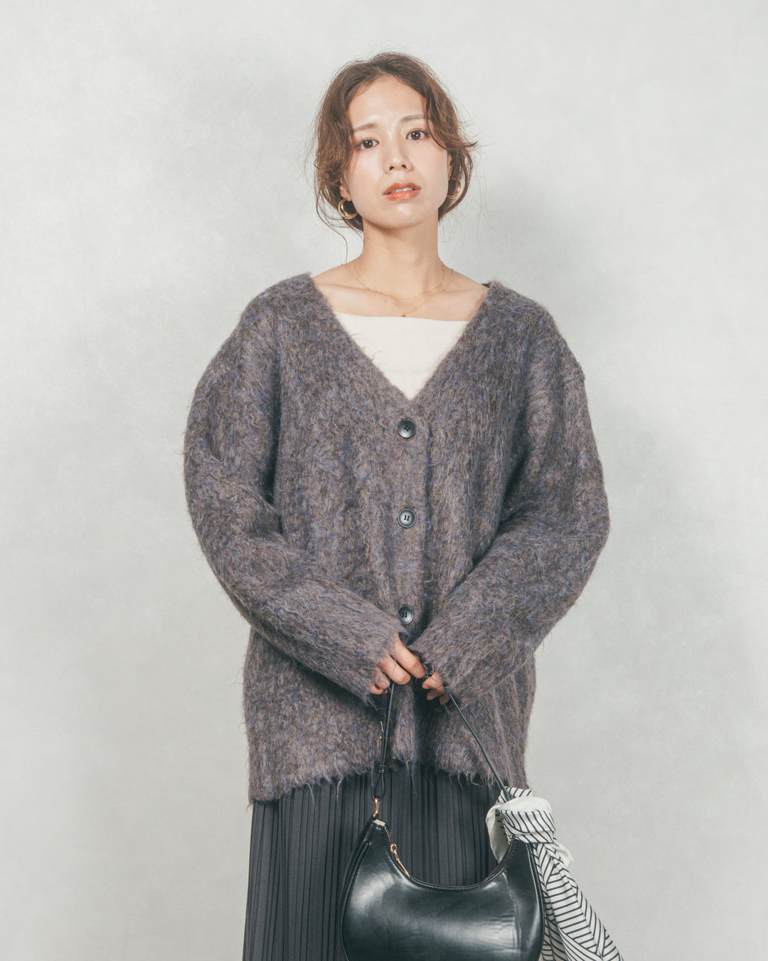 ［SET］Airyフェザー ニットカーディガン+プリーツNarrowロングスカート（2SET）