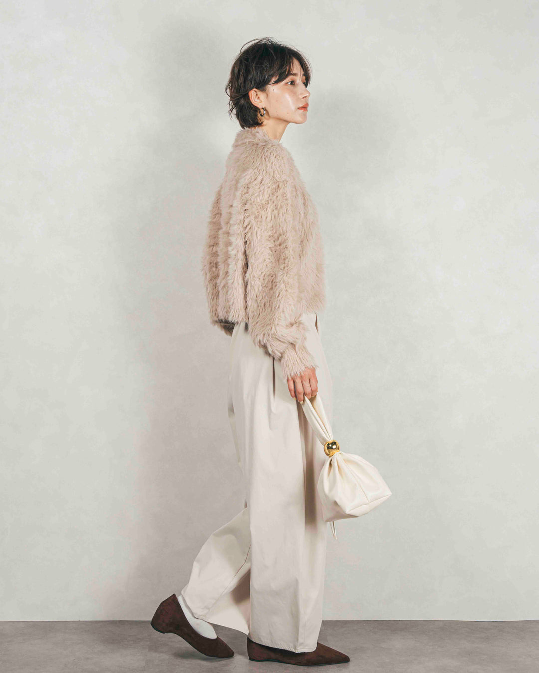 ［SET］フェザーヤーン 衿付きカーディガン+サイドタックコクーンパンツ（2SET）