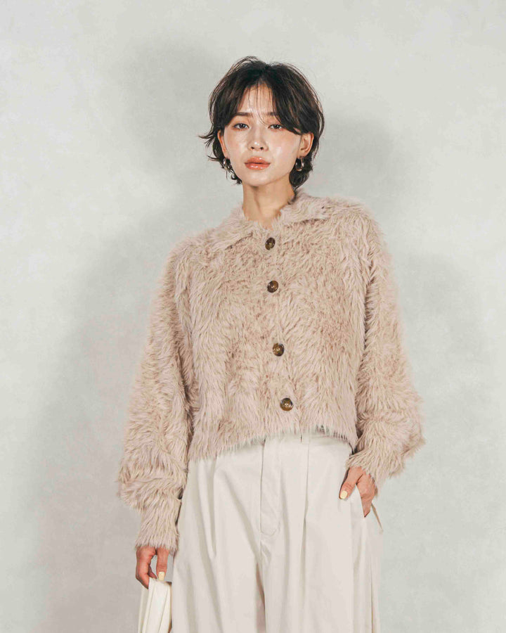 フェザーヤーン 衿付きカーディガン（LIGHT BEIGE）