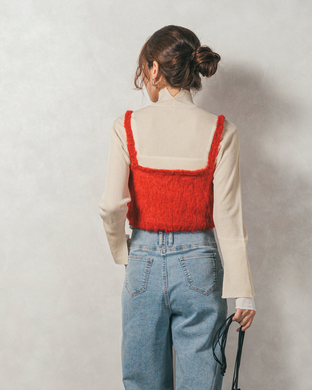 ［SET］袖レイヤードラメリブタートルニット+モヘアタッチKnitビスチェ+センターシーム リラックスカラーデニム（3SET）