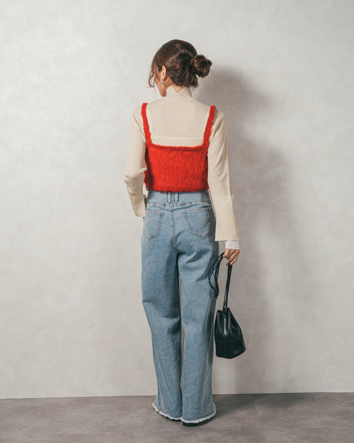 ［SET］袖レイヤードラメリブタートルニット+モヘアタッチKnitビスチェ+センターシーム リラックスカラーデニム（3SET）