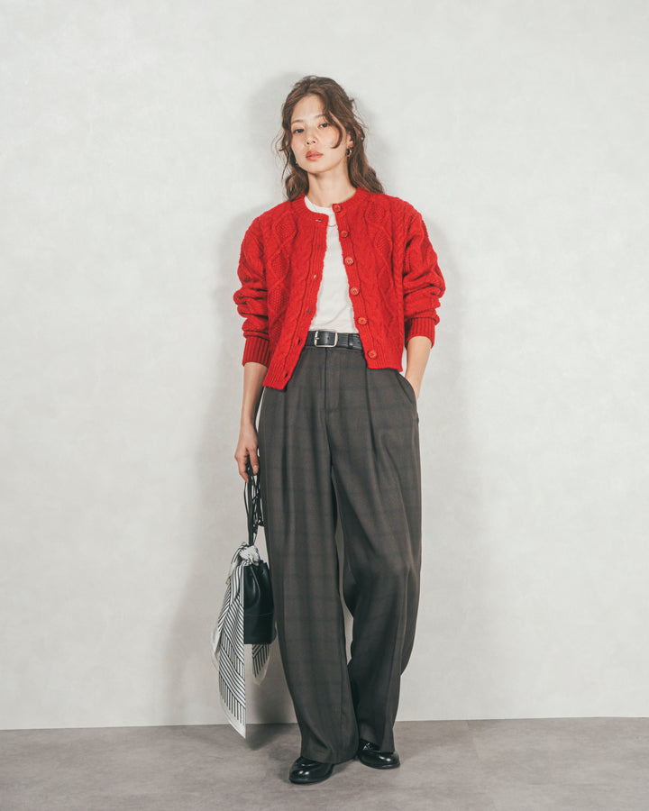 ［SET］ケーブルKnitクルーカーディガン+メランジチェックStraightパンツ（2SET）