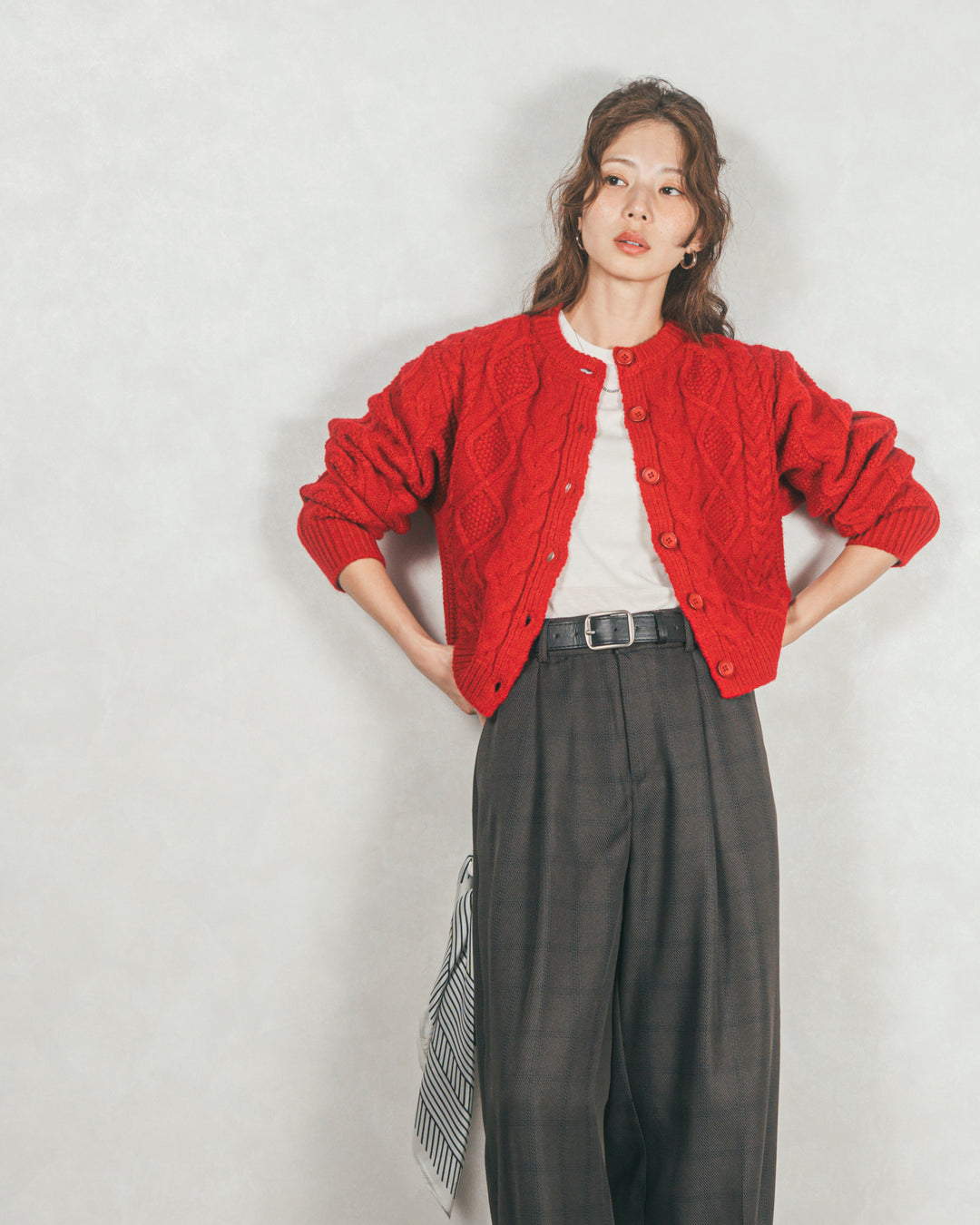 ［SET］ケーブルKnitクルーカーディガン+メランジチェックStraightパンツ（2SET）