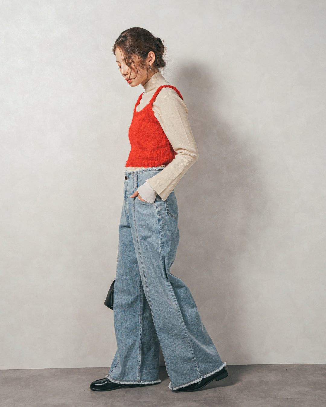 ［SET］袖レイヤードラメリブタートルニット+モヘアタッチKnitビスチェ+センターシーム リラックスカラーデニム（3SET）