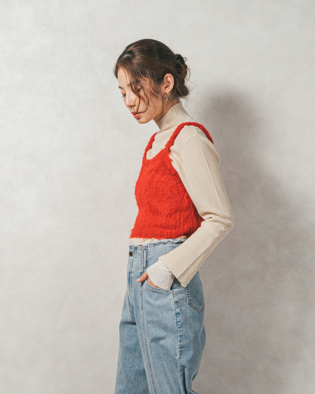 ［SET］袖レイヤードラメリブタートルニット+モヘアタッチKnitビスチェ+センターシーム リラックスカラーデニム（3SET）