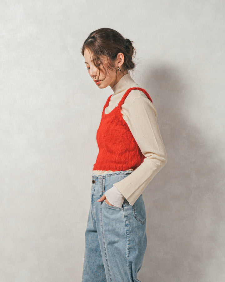 ［SET］袖レイヤードラメリブタートルニット+モヘアタッチKnitビスチェ+センターシーム リラックスカラーデニム（3SET）