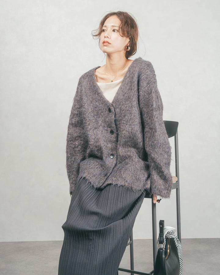 ［SET］Airyフェザー ニットカーディガン+プリーツNarrowロングスカート（2SET）