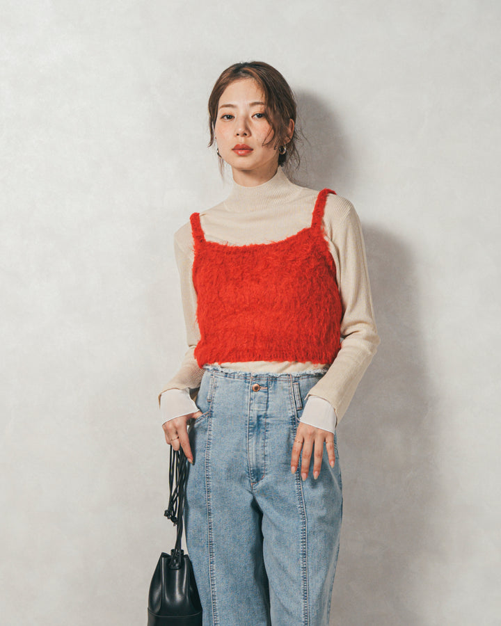 ［SET］袖レイヤードラメリブタートルニット+モヘアタッチKnitビスチェ+センターシーム リラックスカラーデニム（3SET）