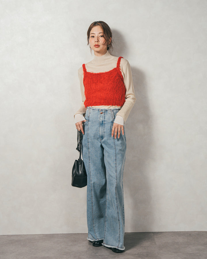 ［SET］袖レイヤードラメリブタートルニット+モヘアタッチKnitビスチェ+センターシーム リラックスカラーデニム（3SET）