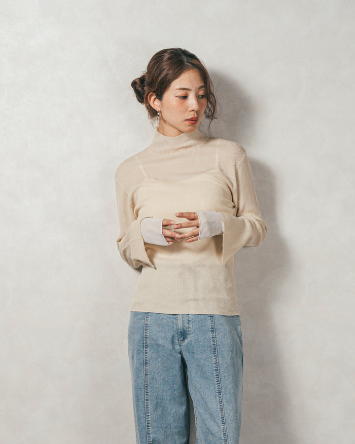 ［SET］袖レイヤードラメリブタートルニット+Tweedベロアサロペット（2SET）