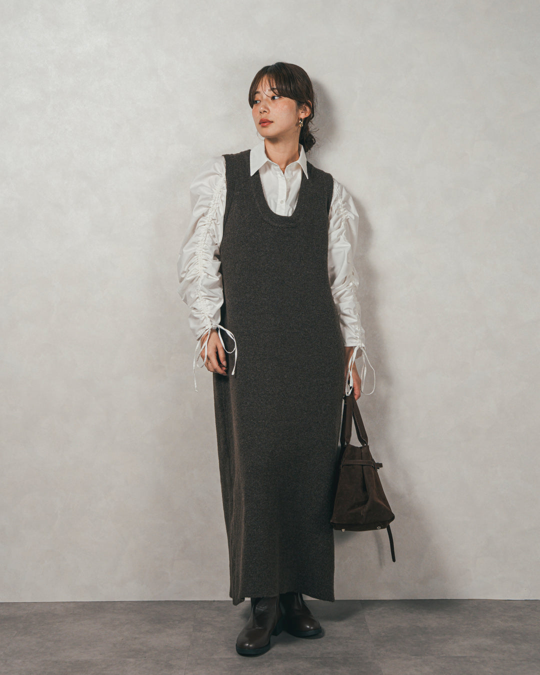 ［SET］ブロード袖ドロストデザインブラウス+メランジKnitロングワンピース（2SET）