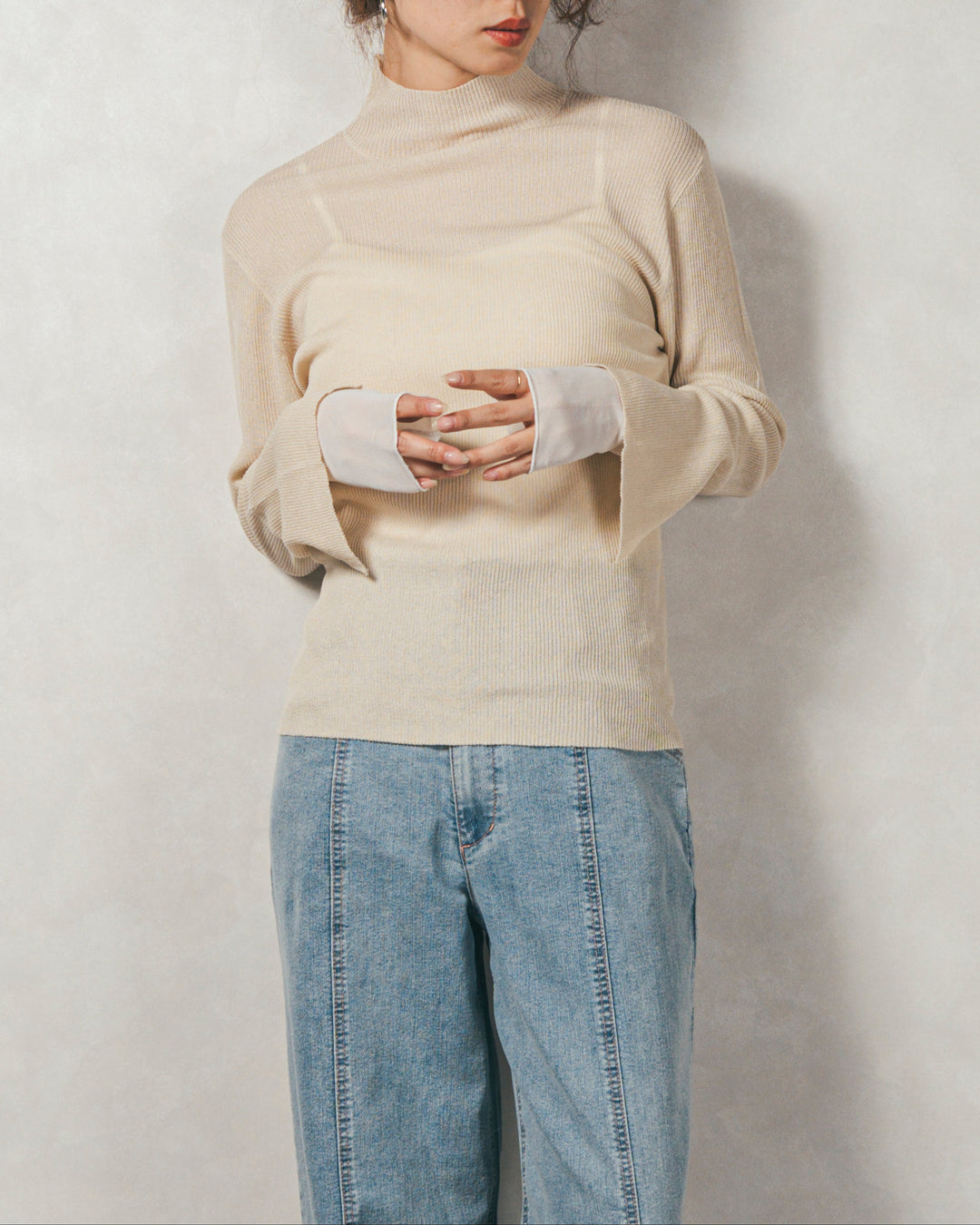 ［SET］袖レイヤードラメリブタートルニット+モヘアタッチKnitビスチェ+センターシーム リラックスカラーデニム（3SET）