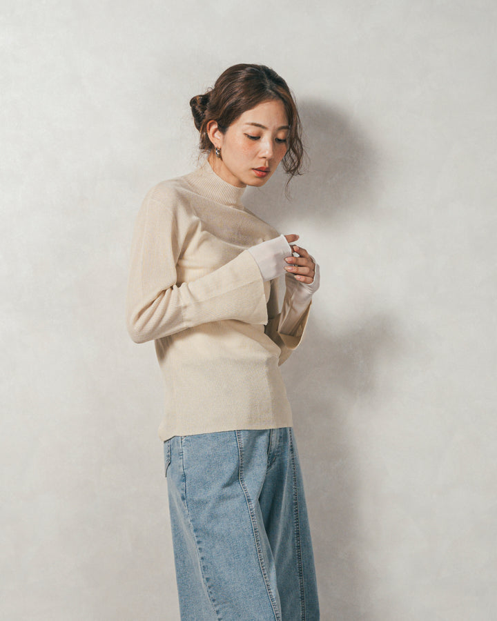 ［SET］袖レイヤードラメリブタートルニット+Tweedベロアサロペット（2SET）