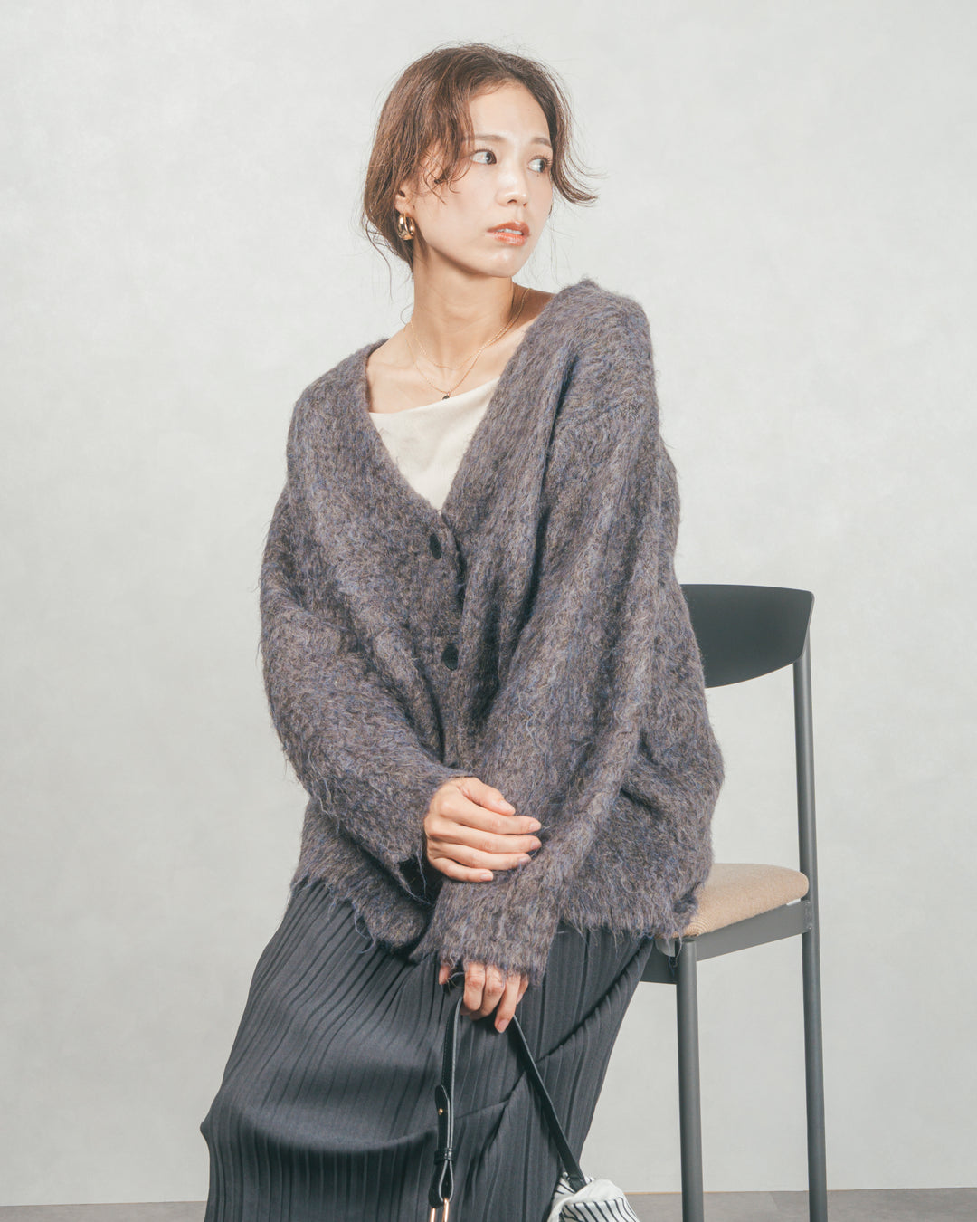 ［SET］Airyフェザー ニットカーディガン+プリーツNarrowロングスカート（2SET）
