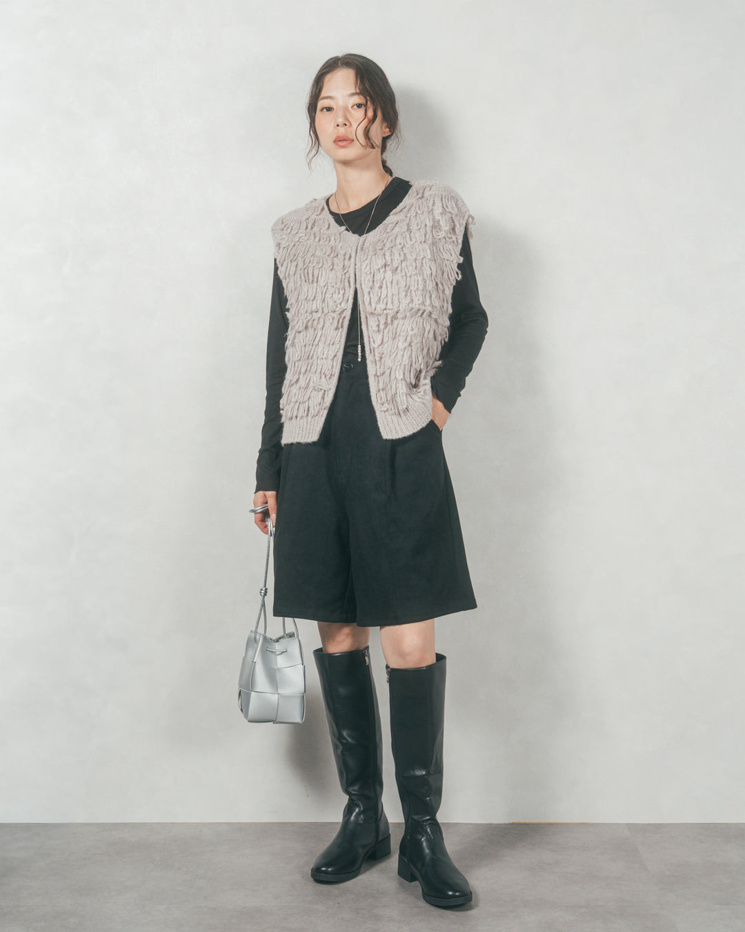 ループ編みフリンジニットベスト (GRAY)