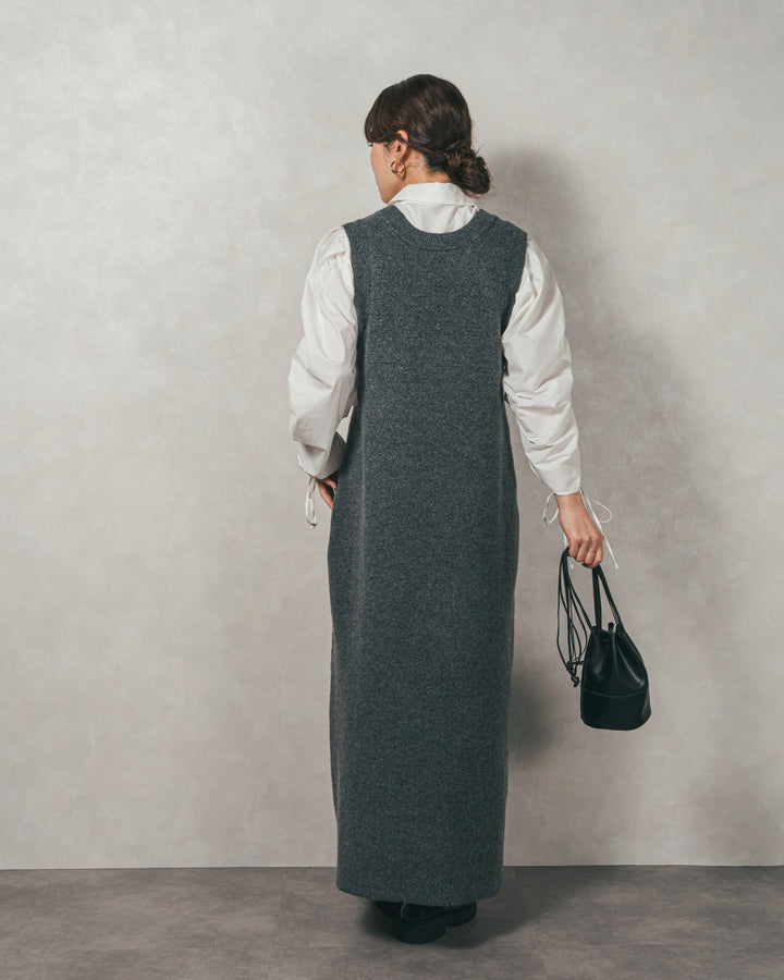 ［SET］ブロード袖ドロストデザインブラウス+メランジKnitロングワンピース（2SET）
