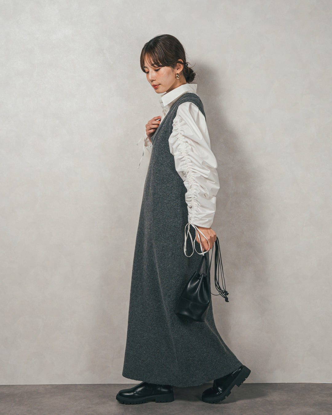 ［SET］ブロード袖ドロストデザインブラウス+メランジKnitロングワンピース（2SET）