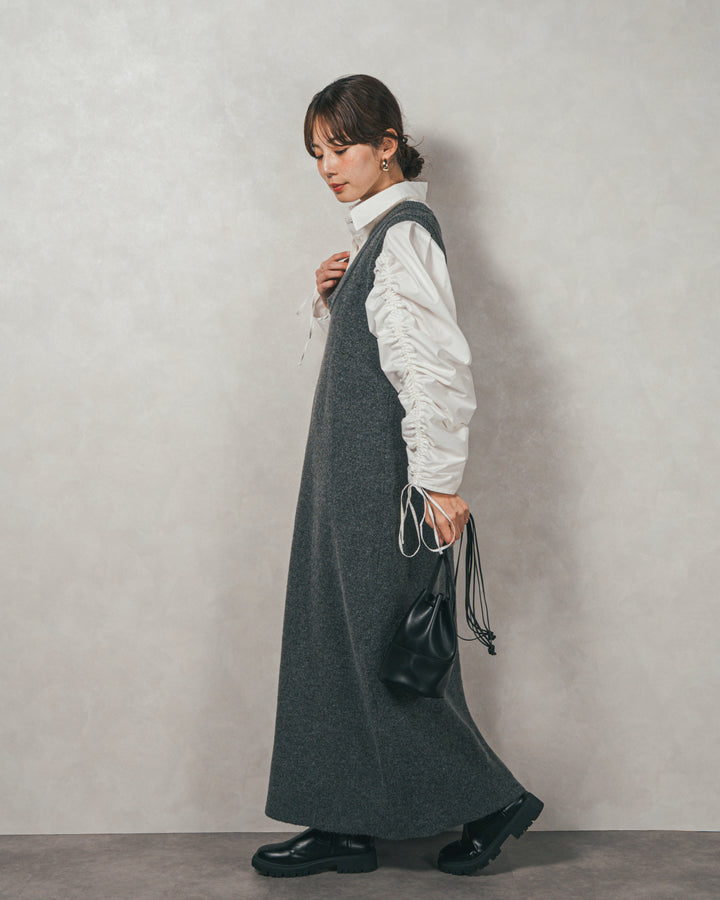 ［SET］ブロード袖ドロストデザインブラウス+メランジKnitロングワンピース（2SET）