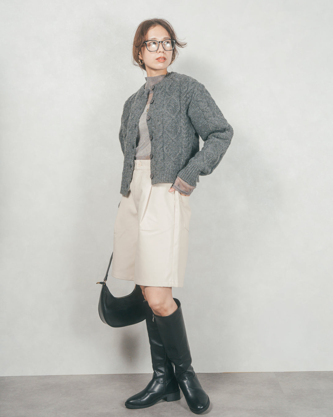 ケーブルKnitクルーカーディガン (CHARCOAL GRAY)