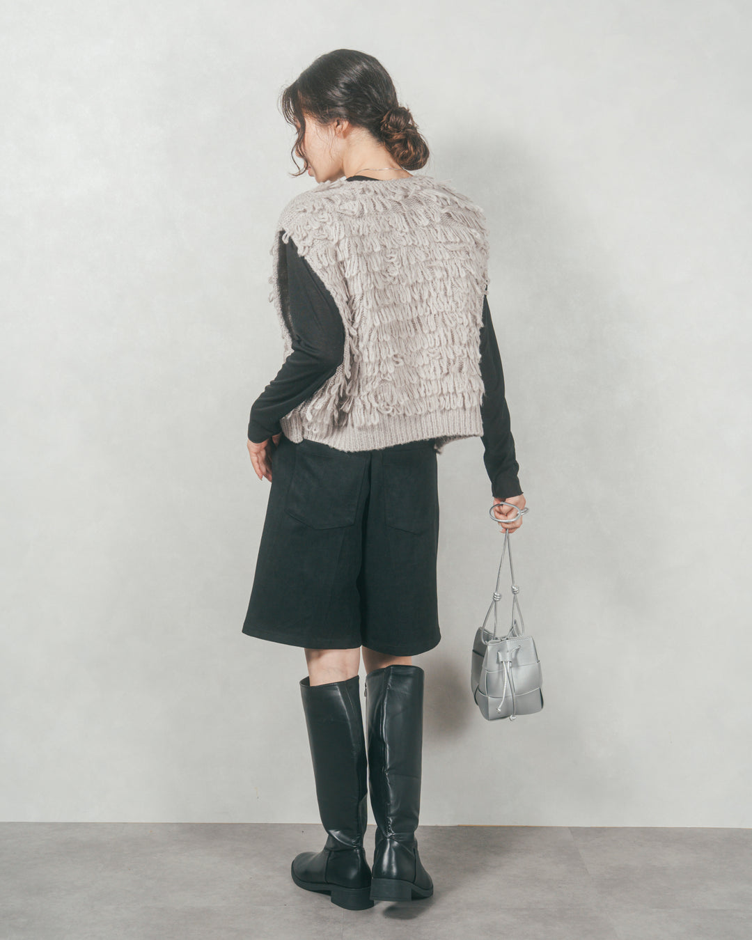 ループ編みフリンジニットベスト (GRAY)