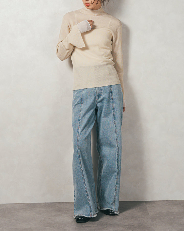 袖レイヤードラメリブタートルニット(IVORY)