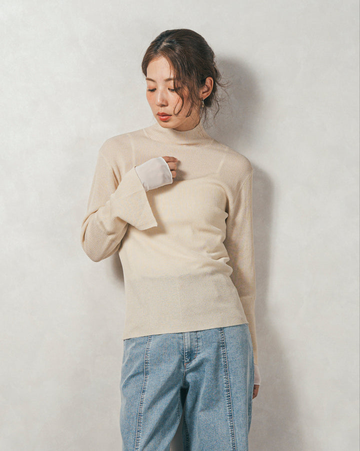 袖レイヤードラメリブタートルニット(IVORY)
